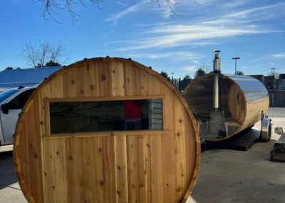 Rear window of an outdoor cedar sauna built from scratch by Sauna Craft